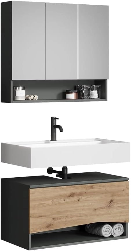 Set di mobili da bagno Willow, Artigiano, 80 cm, composto da specchio da bagno e mobile sottolavabo