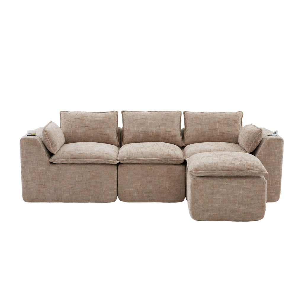 Divano modulare 3 posti con pouf 256x161x75 cm in ciniglia khaki con tasche laterali