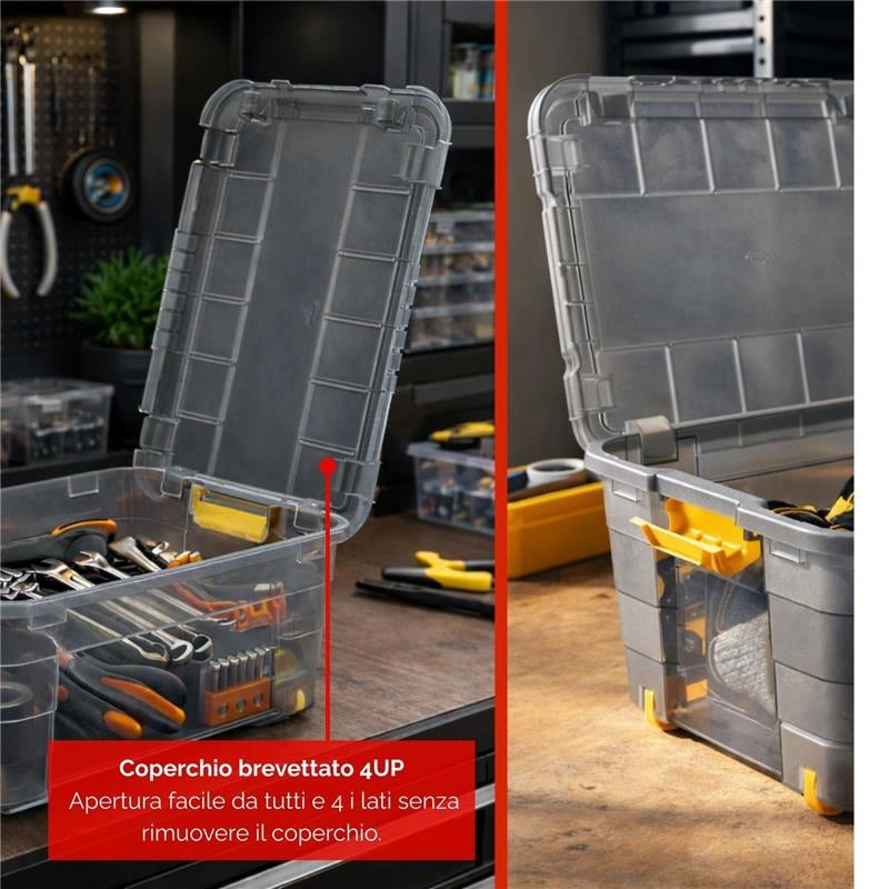 BOX CONTENITORE 40L CON COPERCHIO E RUOTE 59X39X27,4 CM GRAFITE TRASPARENTE/AMBRA – SCATOLA PORTAOGGETTI SALVASPAZIO CON ROTELLE PER CASA E RIPOSTIGLIO