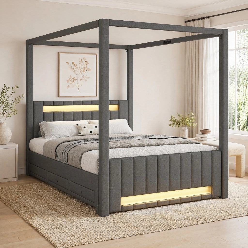 Letto a baldacchino imbottito 140x200 cm con letto estraibile e LED
