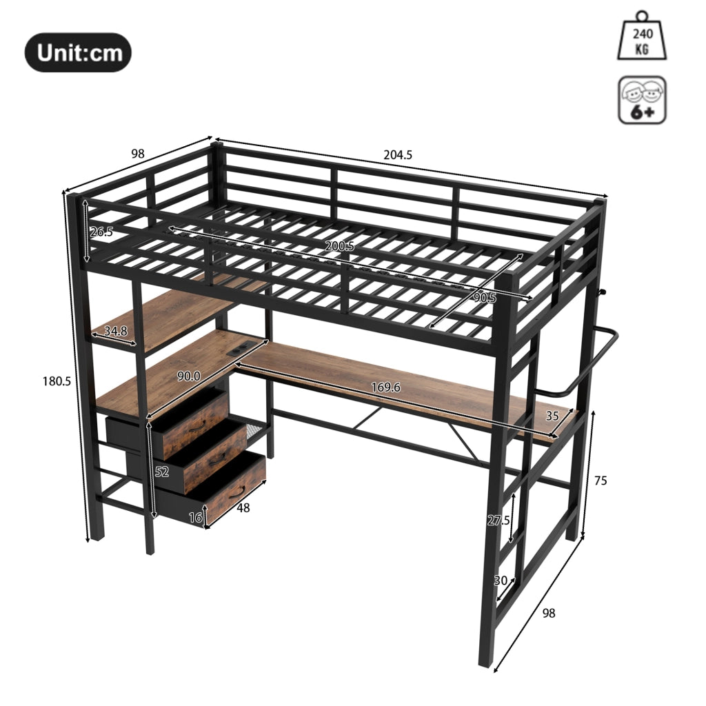 Letto a soppalco 90x200 cm in metallo e MDF; con luce ambientale; scrivania; prese USB; nero