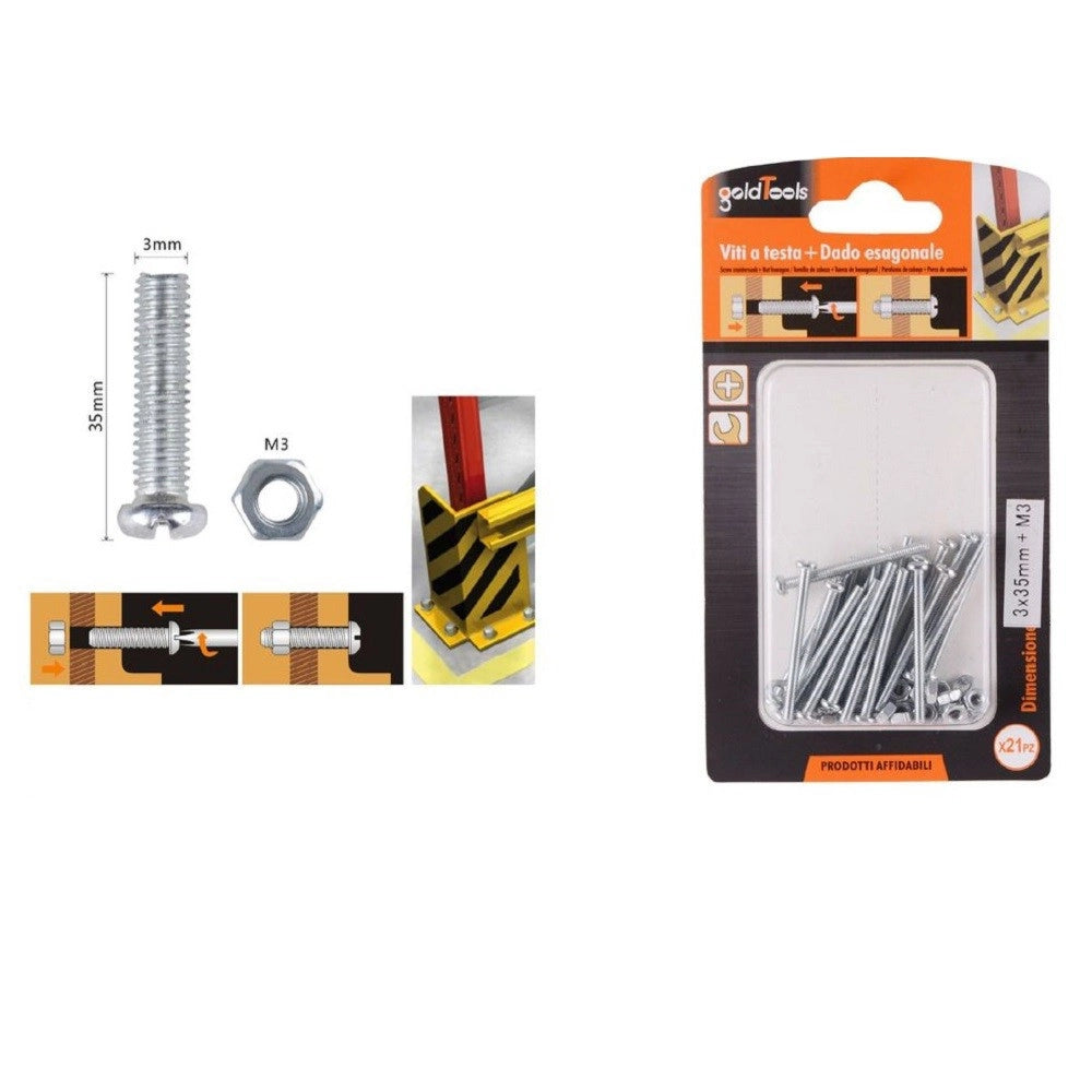 Trade Shop - Set 21 Pz Viti Vite Testa A Croce Tonda 3x35 Mm Con Dadi Dado Esagonale M3 90957 -