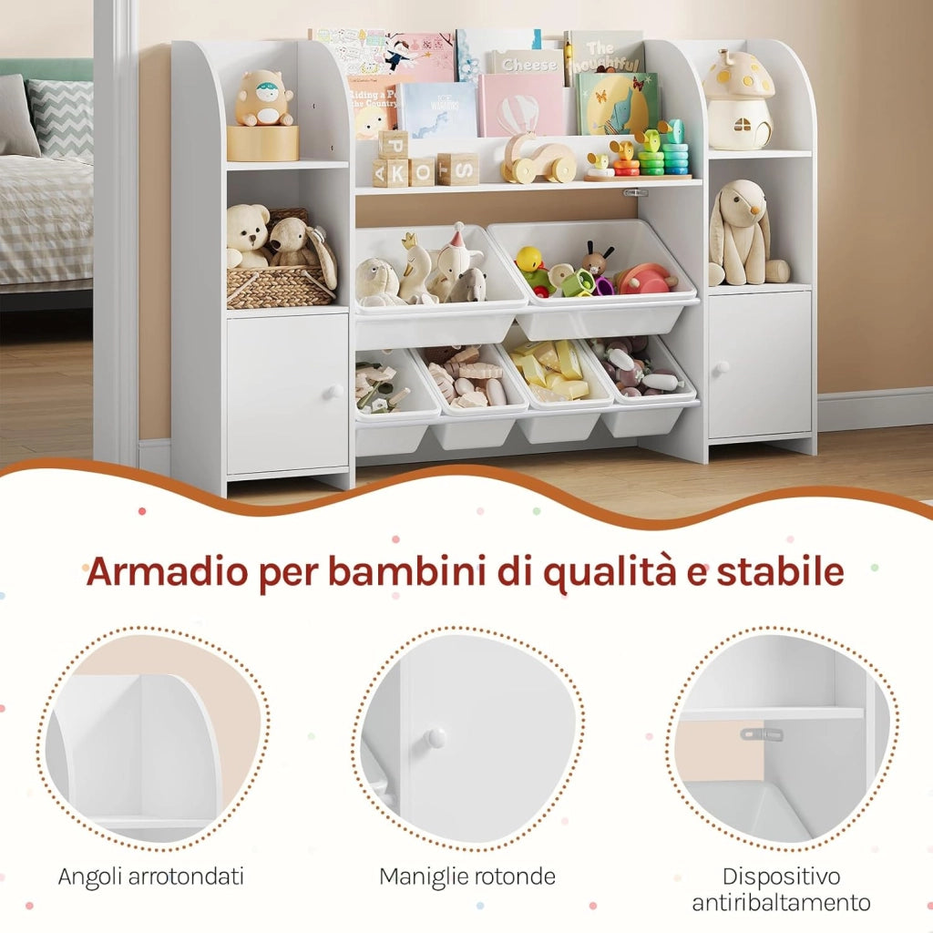 Libreria Montessoriana per Bambini, Scaffale con 2 Armadietti e 6 Contenitori Rimovibili in Plastica, per Cameretta e Soggiorno, in Legno, 135,8x29,8x90 cm, Bianco