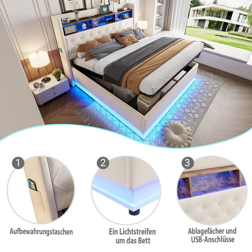Letto Matrimoniale 180 x 200 cm; Contenitore; USB; LED Multicolore in Beige