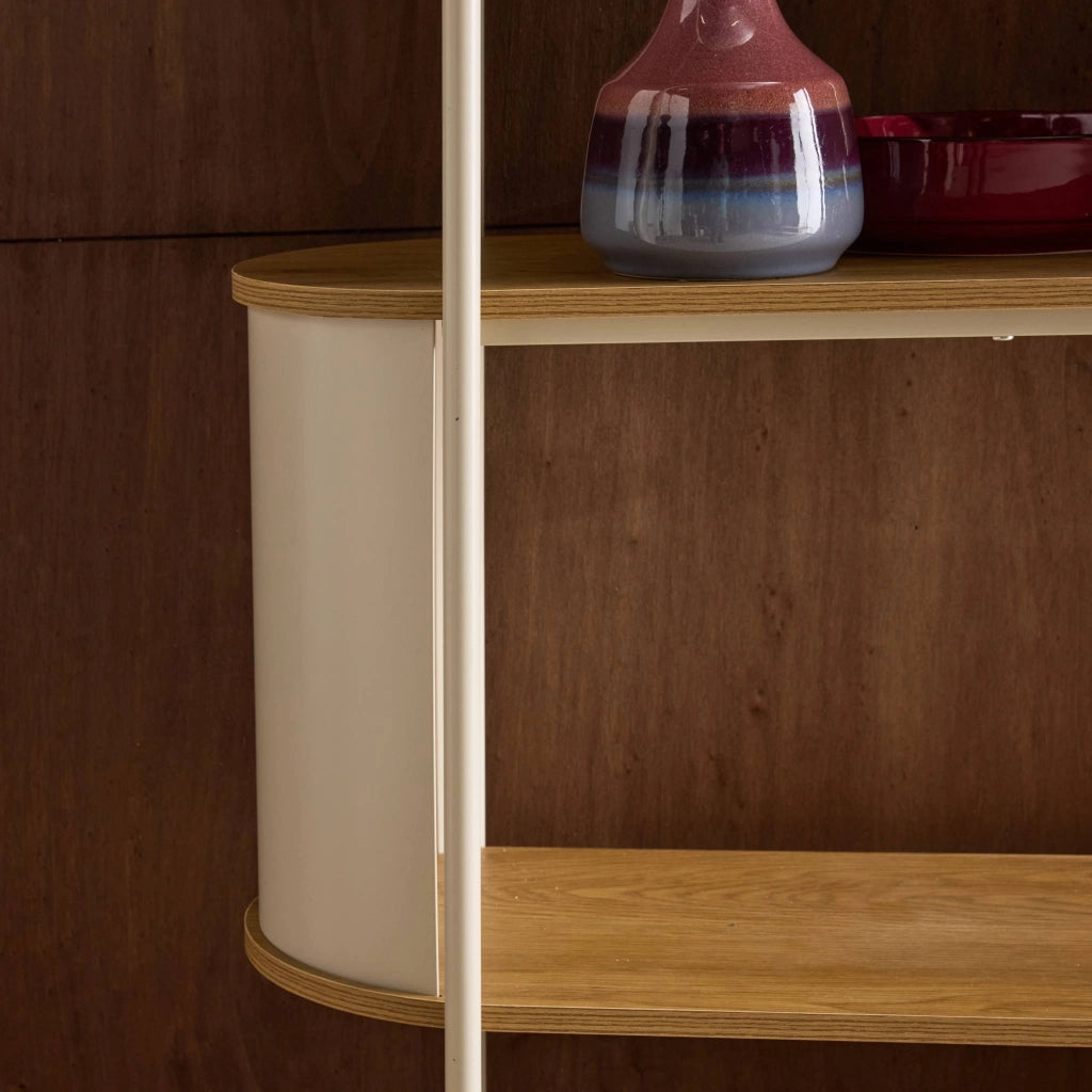 Libreria in metallo curvato e legno a 5 livelli, beige