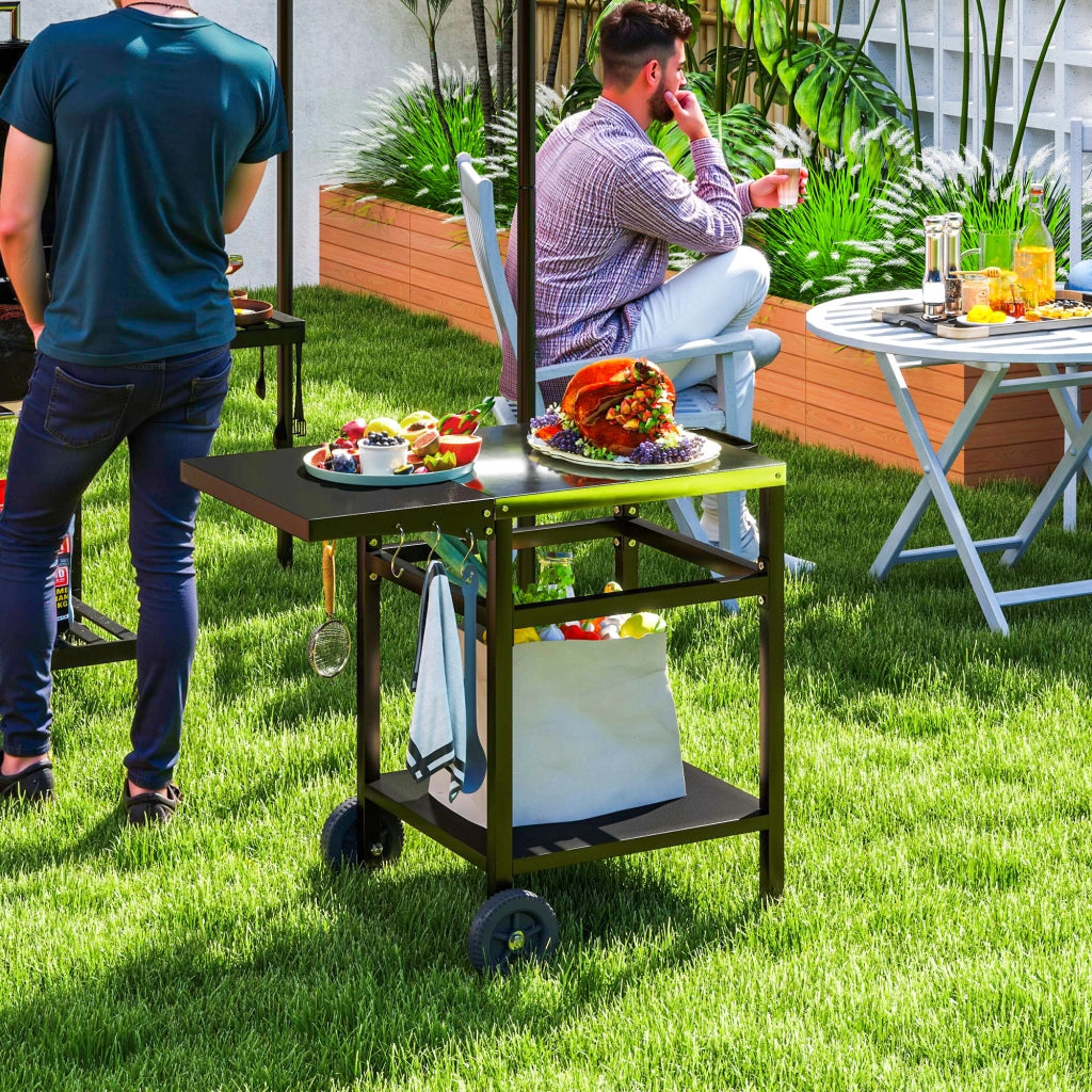 Carrello Barbecue ¨C Xylo ¨C Piano Acciaio Ripiano Pieghevole Ruote Ganci 91x58x76 cm Nero