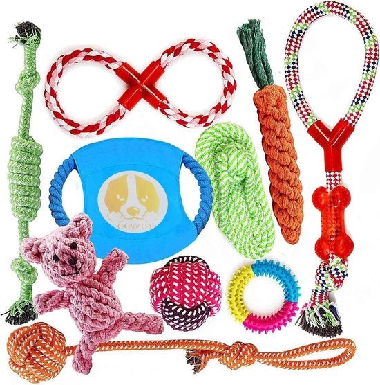 Set di 10 pezzi di giocattoli in cotone per cuccioli, non tossici e inodore, robusti e igienizzanti per denti, adatti per cani piccoli e di taglia media.