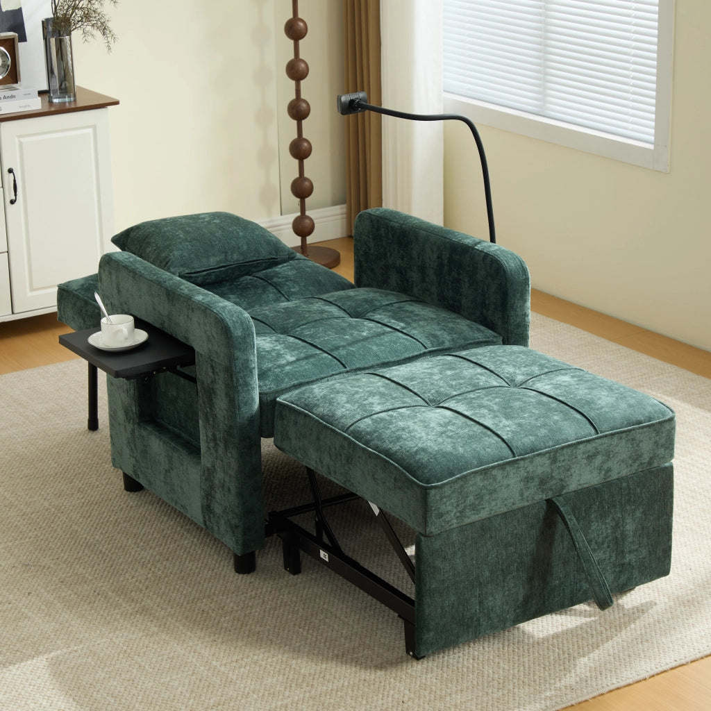 Poltrona letto convertibile extra lunga con schienale regolabile, tasche laterali e vassoio laterale in ciniglia verde