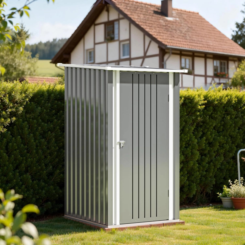 Casetta da giardino in metallo 96 x 98 x 160 cm, capannone da giardino con tetto a falde, robusto e inossidabile, guanti da lavoro inclusi, porta girevole bloccabile, piccolo capanno da