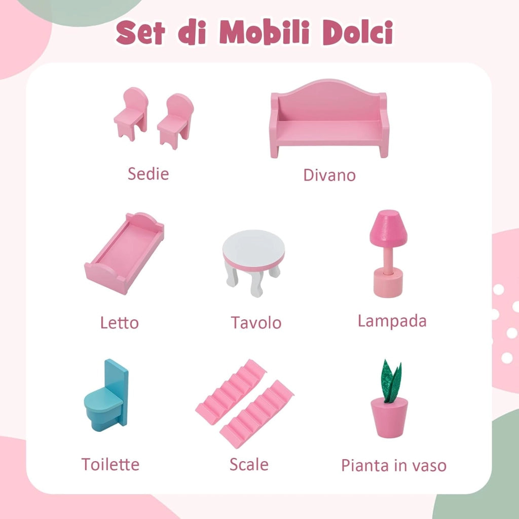 Casa delle Bambole in Legno, Casetta delle Bambini con 5 Stanze e 10 Mobili, 3 Piani, Regalo per Bambini 3+ Anni, 60 x 25 x 70 cm
