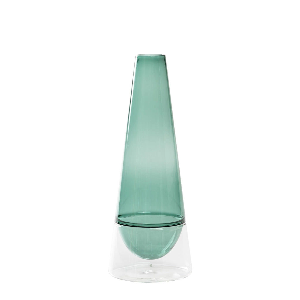Vaso Conosfera 100 in vetro borosilicato soffiato a mano, design elegante color verde lago, tecnica incalmo per un complemento d'arredo unico
