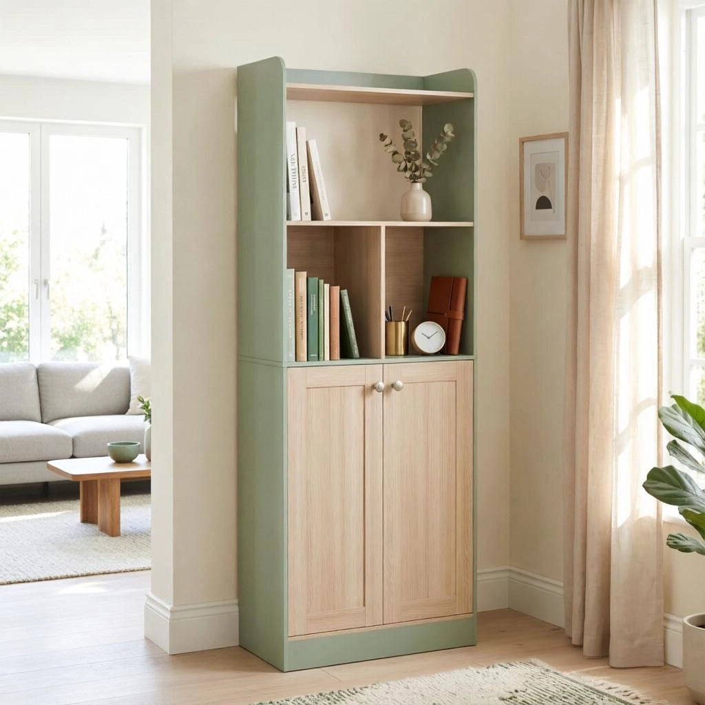 Libreria con anta e vani aperti, con dispositivo antiribaltamento, per soggiorno, in MDF e truciolare, verde, 60 × 30 × 161,2 cm