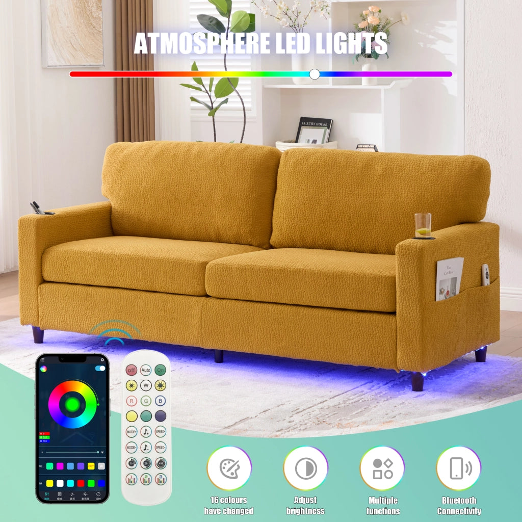 Divano a 2 posti in chenille giallo senape con USB-C LED regolabile portabevande e tasche laterali 203 × 77.5 × 86 cm