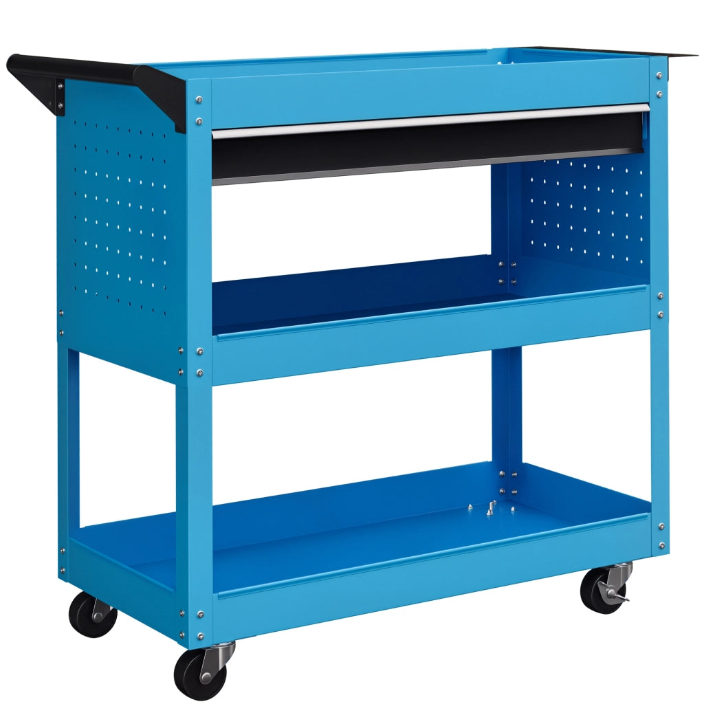 Carrello Porta Attrezzi con Manico Laterale, Cassetto e 3 Ripiani in Acciaio, 82x35x76 cm, Blu