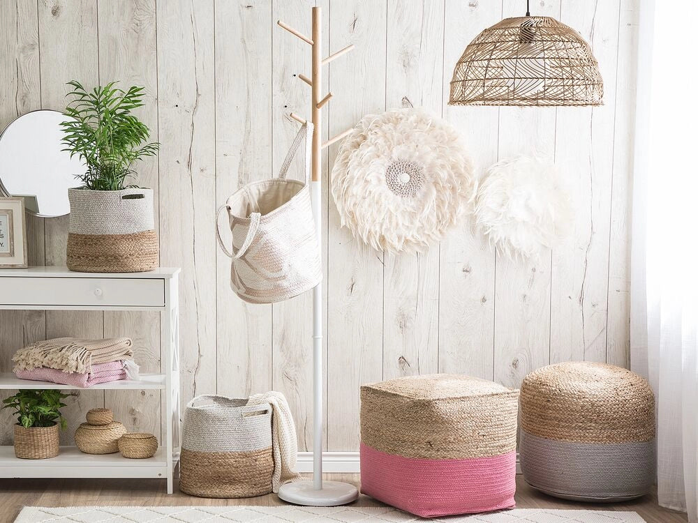 Pouf ottomana rosa iuta perline EPS riempimento quadrato 44 x 44 cm stile boho