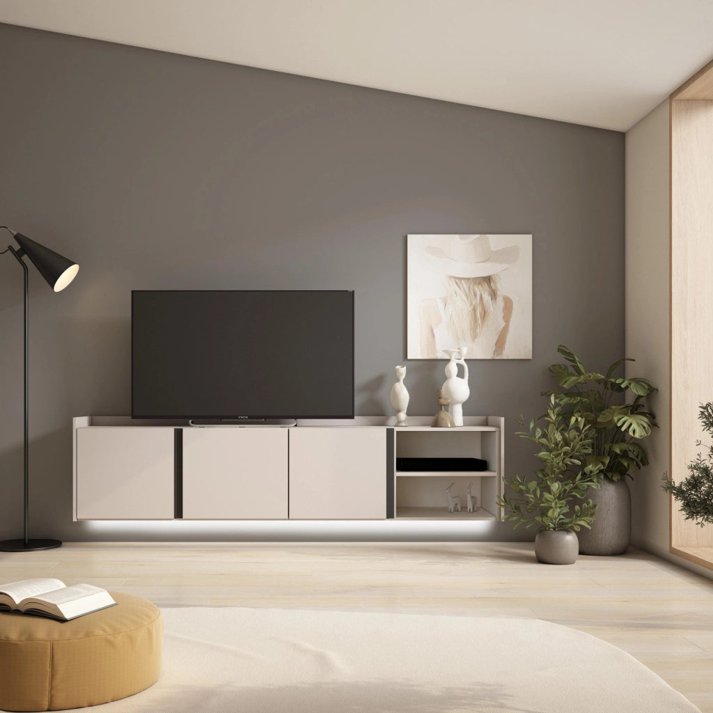 Mobile TV Soggiorno, 207x50x35 cm, Per TV fino a 80", Sospeso, da appendere, LED, Beige