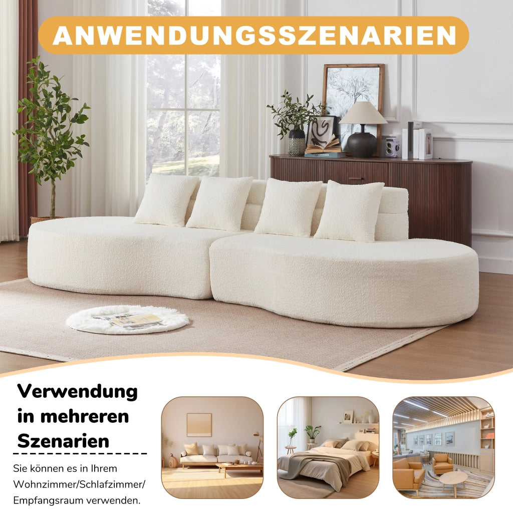 Divano modulare a 2 elementi in ciniglia beige con schienale a livelli e forme arrotondate in schiuma