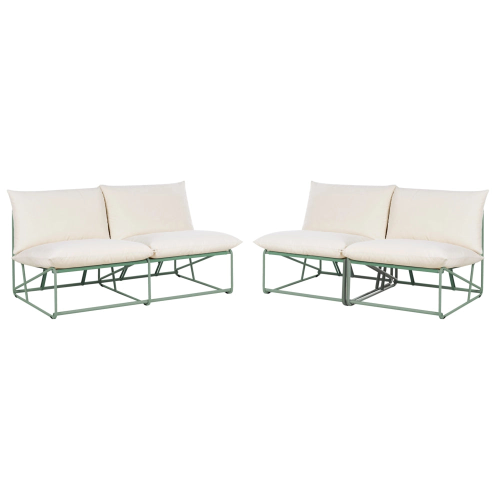 Set 4 posti composto da divano basso oversize e 2 sedie in metallo con cuscini per schienale e seduta interno ed esterno senza braccioli verde