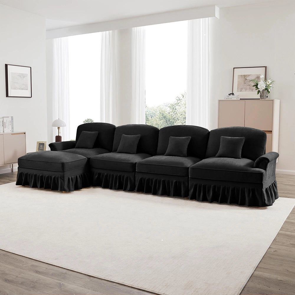 Divano modulare a L - Xylo - 4 posti, chenille, stile classico, nero