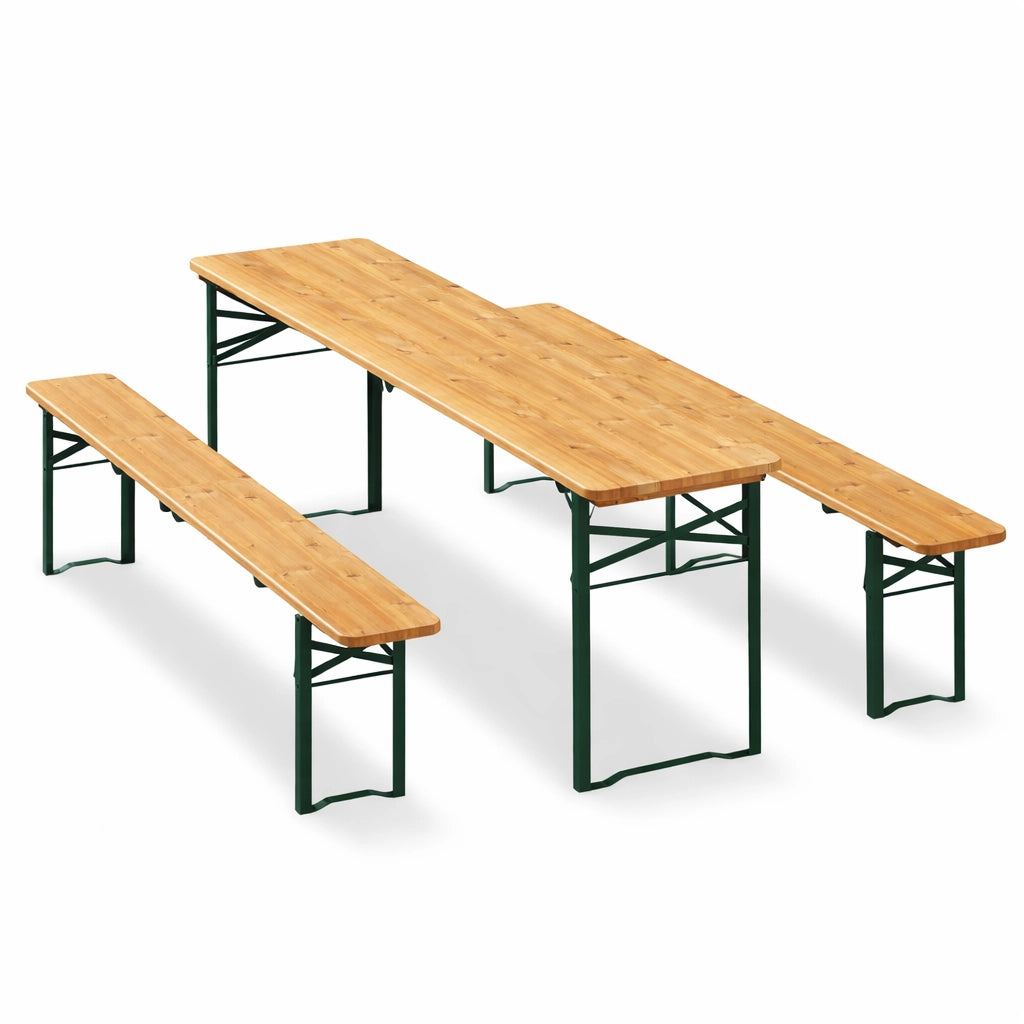 Set Birreria con Tavolo 220 cm e 2 Panche Legno Abete Interno Esterno Pieghevole