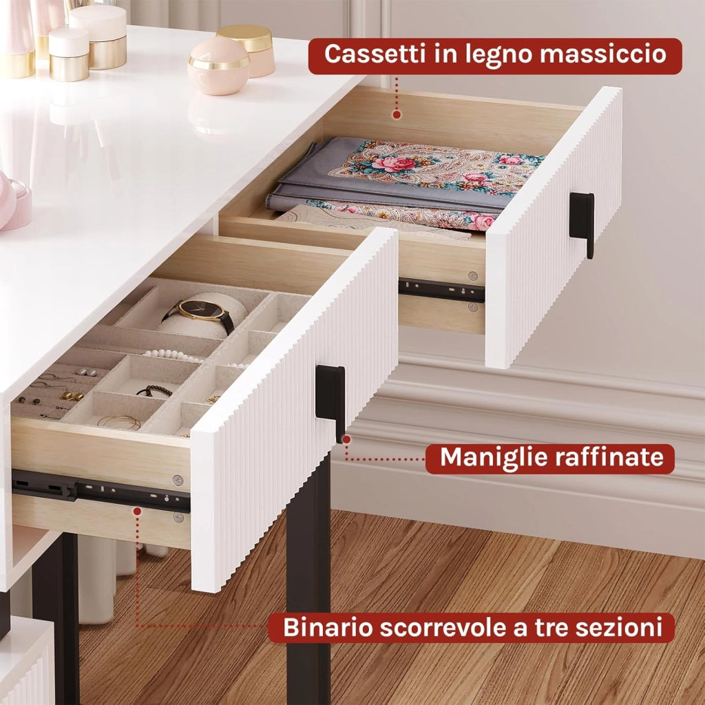 Toeletta con Luce LED, Luminosità Regolabile, Specchio a Nuvola, Piano Lucido, 5 Cassetti in Legno Massiccio, 1 Cassettiera, Moderno, Bianco e Nero