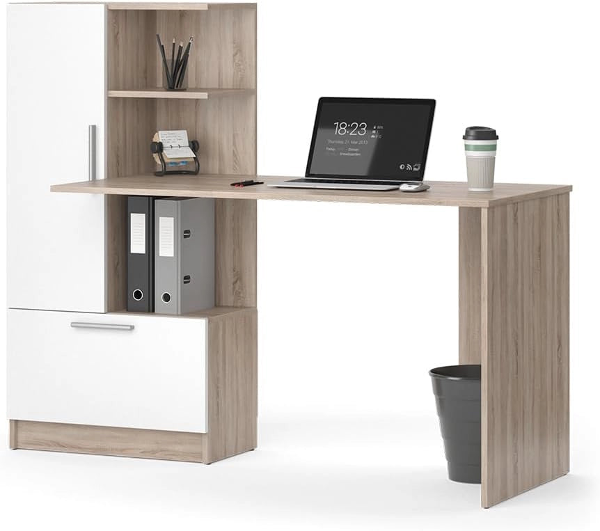 Scrivania con ripiani Tomy, Sonoma/Bianco, 150 x 59 cm, con ripiani aperti per una conservazione organizzata