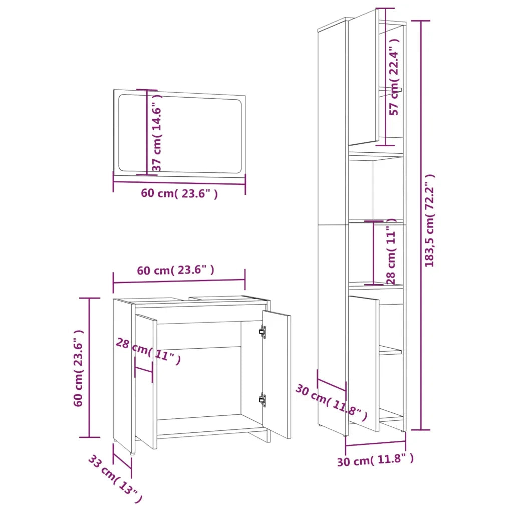 Set Mobili da Bagno | Armadio da bagno 3 pz Rovere Fumo in Legno Multistrato