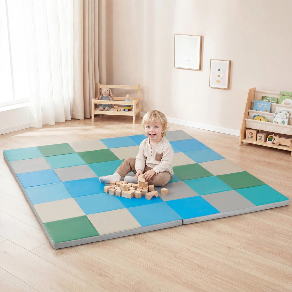 Tappetino attivit¨¤ patchwork per bambini pieghevole impermeabile, Tappetini da gioco set 2 pz 144x144cm Blu