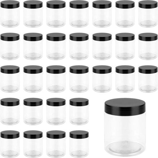 30 Stuks 250 ml Contenitori di Plastica per Magazzino con Coperchio - Piccole Bottiglie di Plastica Transparenti per Cucina - Set di Contenitori per Spezie e Invecchiamento