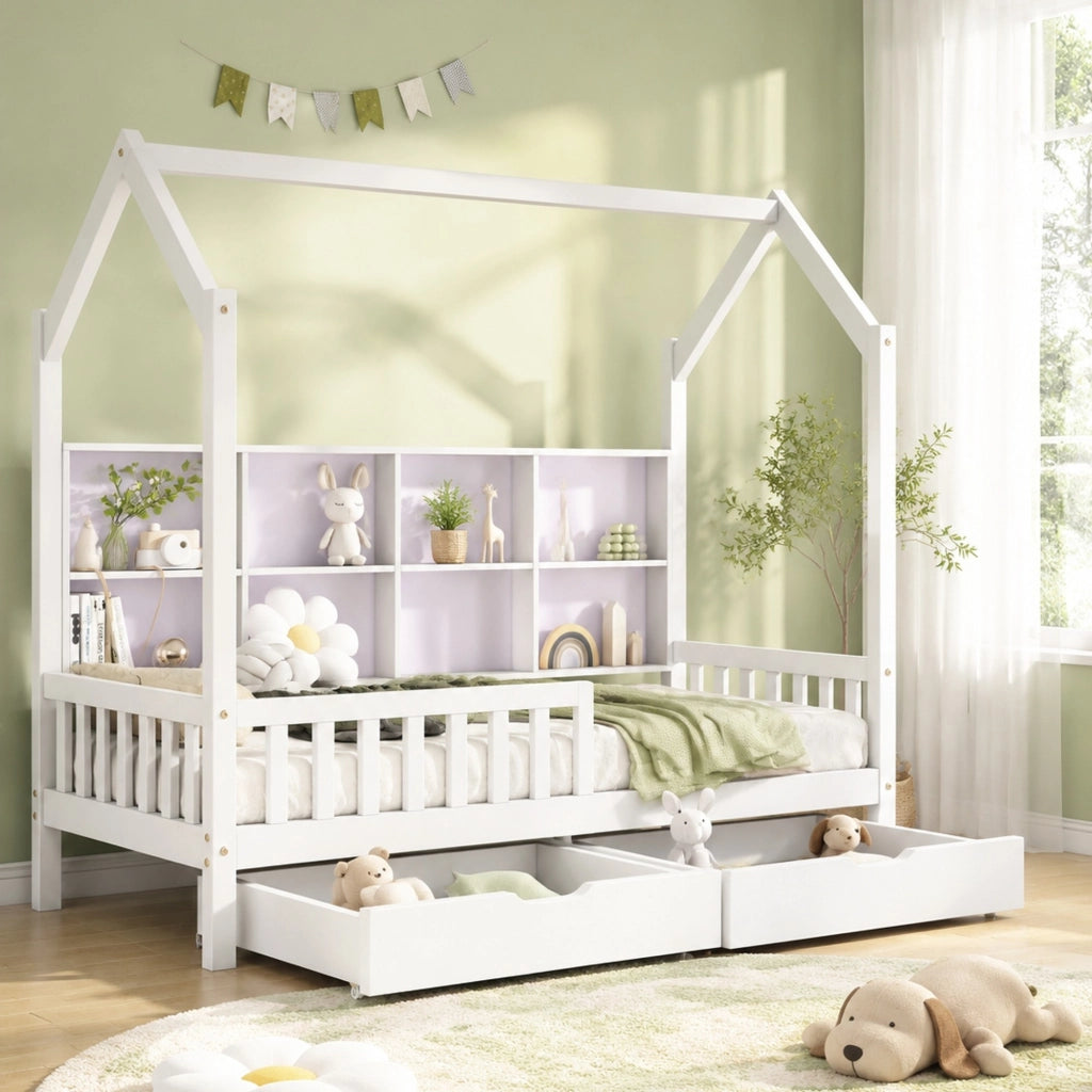 Letto a casetta per bambini in legno di pino con 2 cassetti, scaffale posteriore e sponde, 90x200 cm, bianco