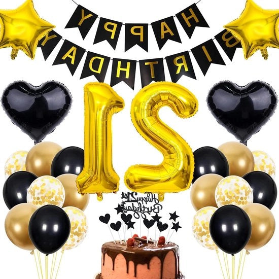 Decorazione di compleanno per il 21° anniversario - Decorazione di festa in nero e oro - Per uomini e donne