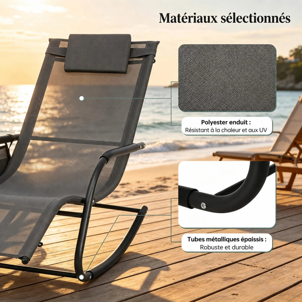 Sedia sdraio da esterno con tasca laterale e funzione oscillante, grigio