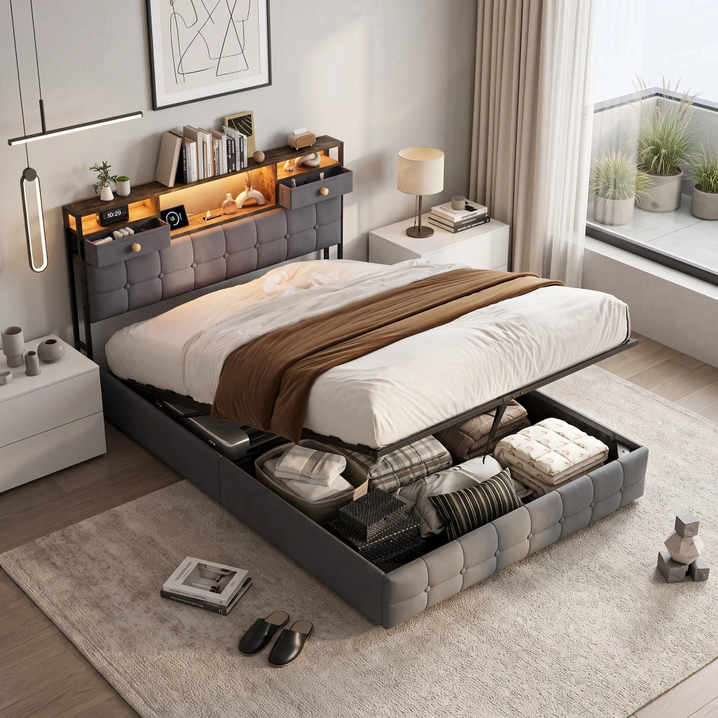Letto una piazza e mezza 140x200 cm con contenitore LED USB Type-C testiera rete a doghe velluto metallo - grigio