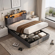 Letto una piazza e mezza 140x200 cm con contenitore LED USB Type-C testiera rete a doghe velluto metallo - grigio