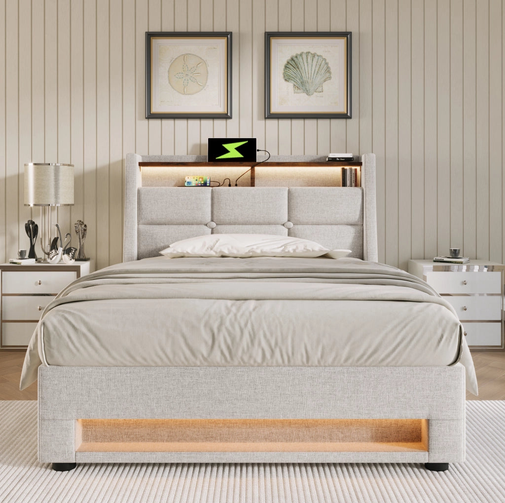 Letto contenitore 90x200 cm in lino beige chiaro con USB, LED, senza materasso