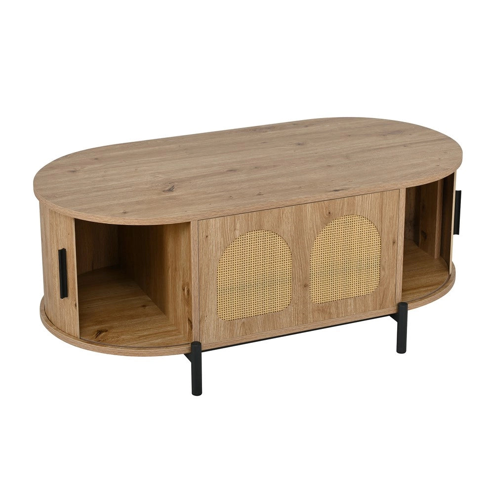 Tavolino da Caff¨¨ Ovale con Rattan e Ante Scorrevoli ¨C MINIMAL ¨C Legno e Metallo, Soggiorno
