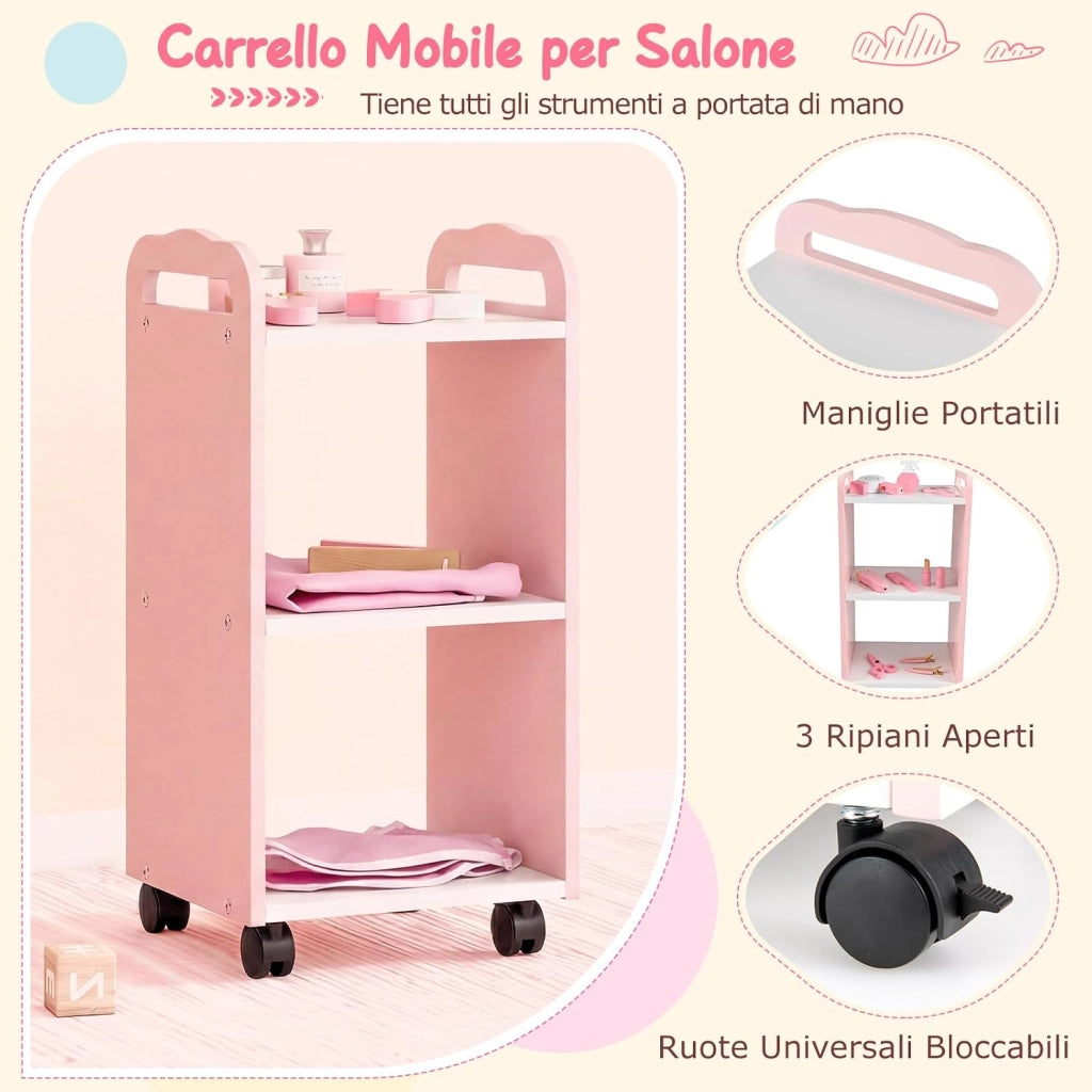 Set Toeletta per Bambini con Specchio Illuminato a LED | Tavolo per Manicure con Poltrona Girevole e Carrello con Ruote, Postazione Trucco con Asciugacapelli e Pettine per Bambini 3+