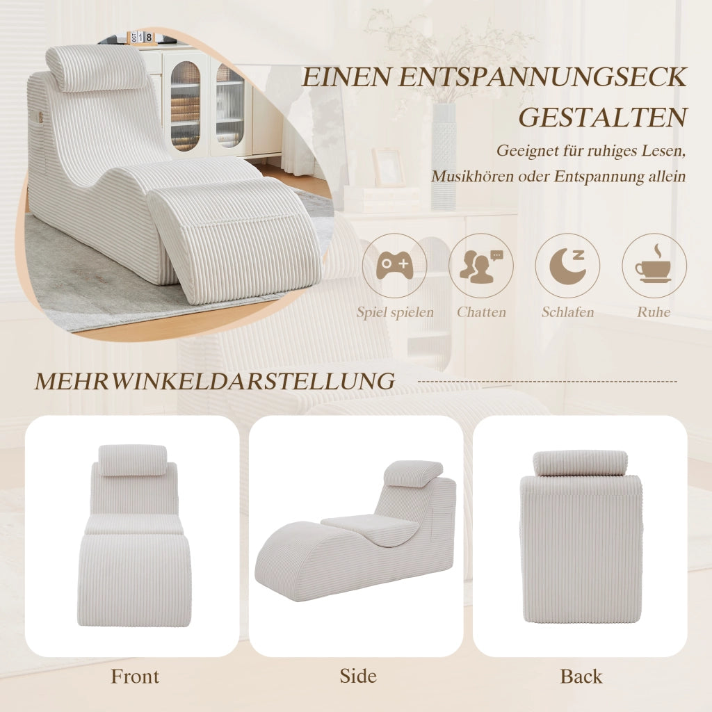 Poltrona singola ergonomica con tasca laterale e cuscino removibile in velluto a coste beige 160 × 66 × 90 cm