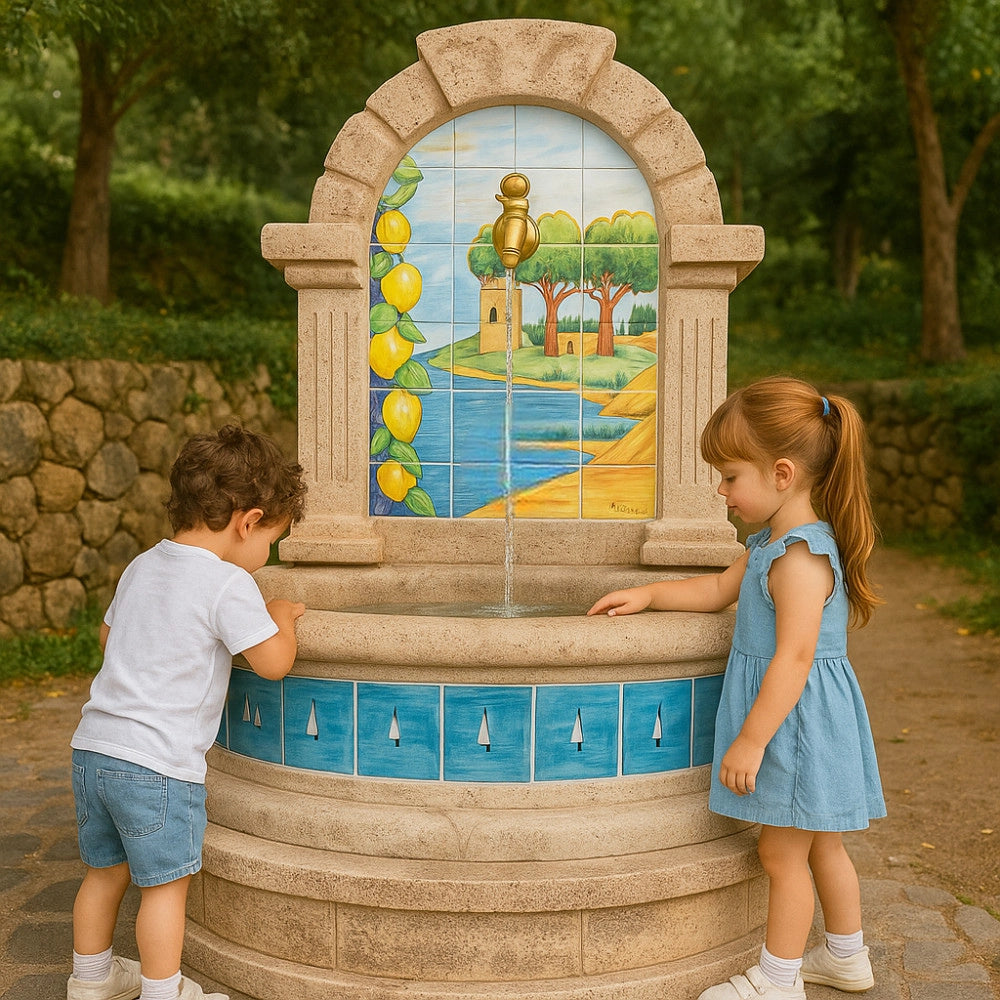 Fontana spagnola modello vietri maiolica h120xl80xp45 cm cemento effetto pietra