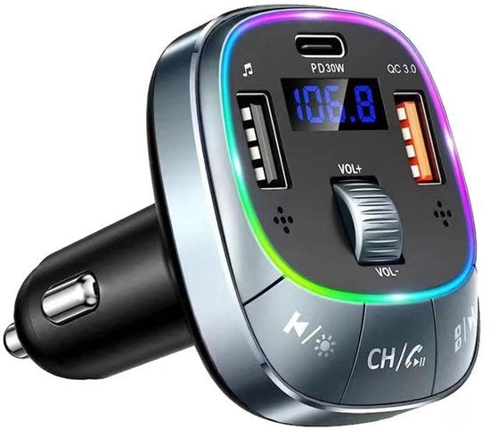 Auto Bluetooth lettore MP3 trasmittente FM carica rapida PD30W caricabatterie con illuminazione ambientale caricabatterie