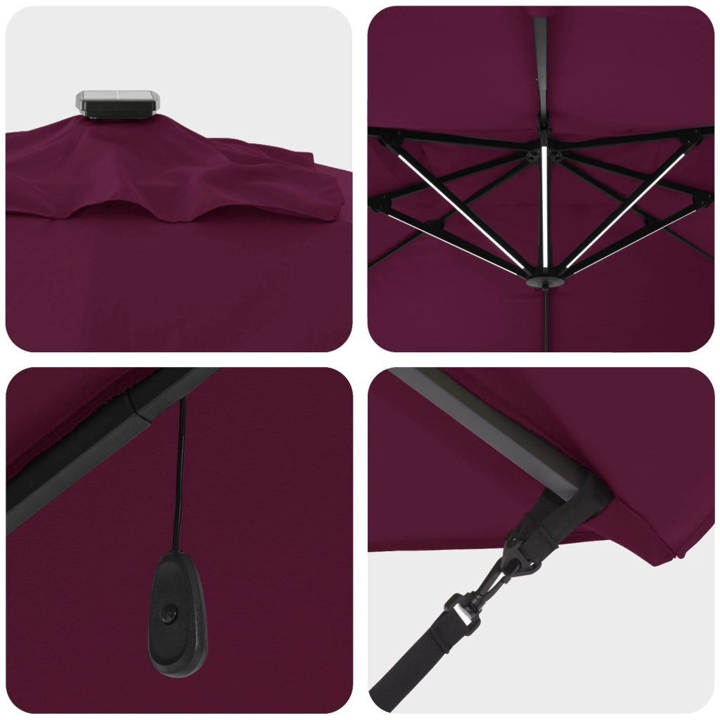Ombrellone a Sbalzo Roma con LED Rosso Bordeaux 352x251x265 cm Alluminio