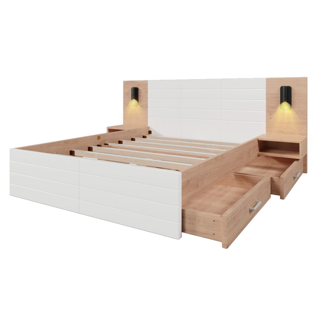 Letto matrimoniale 180x200 cm con USB; luce da lettura e 2 cassetti; legno massello e MDF; bianco rovere