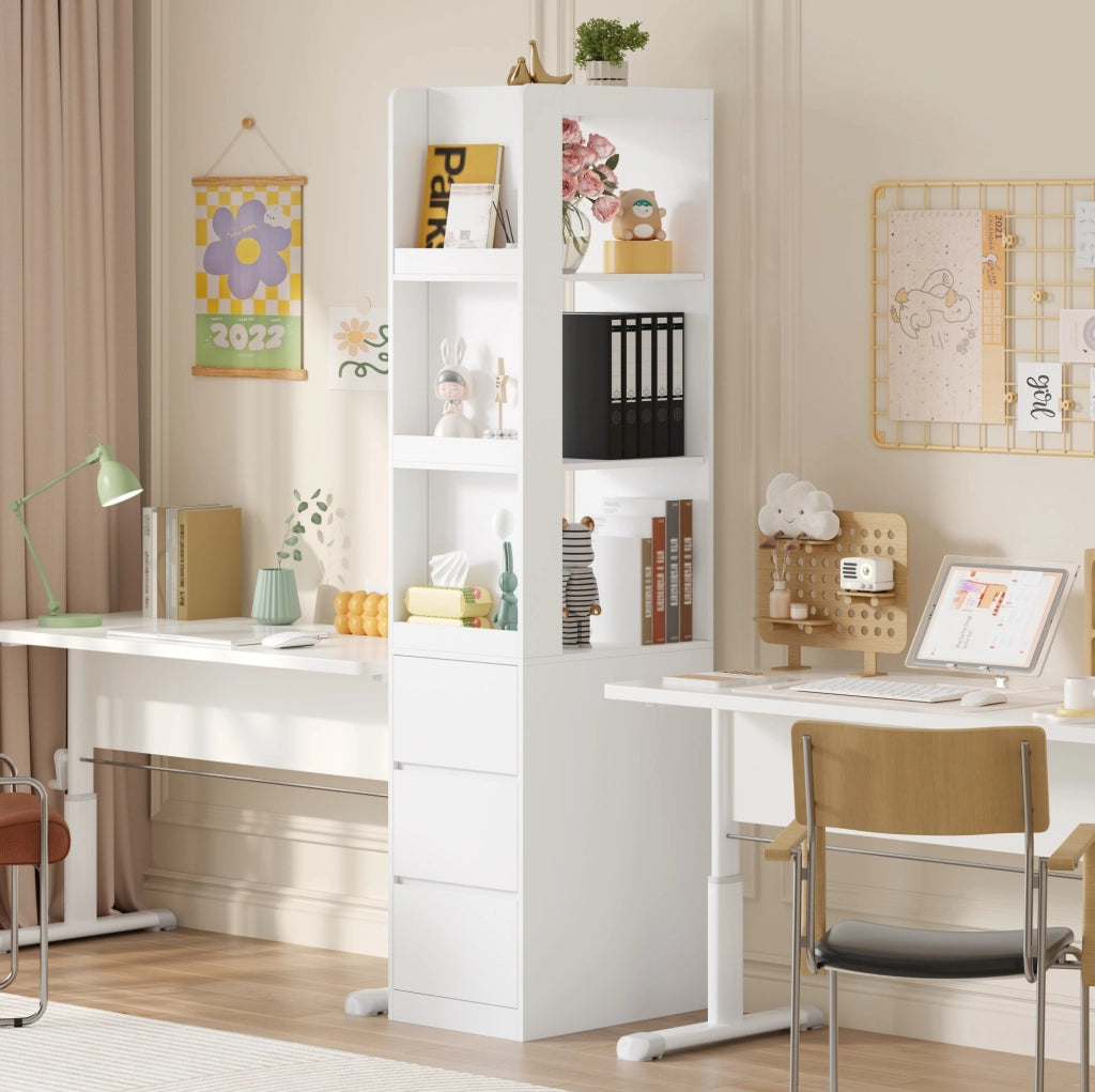 Libreria stretta alta 200 cm con 3 ripiani aperti e 3 cassetti; bianco