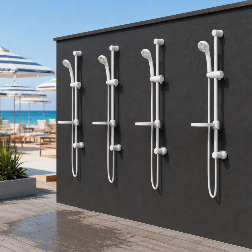 Saliscendi in abs bianco blush con doccetta e portasapone par campeggio nautica giardino