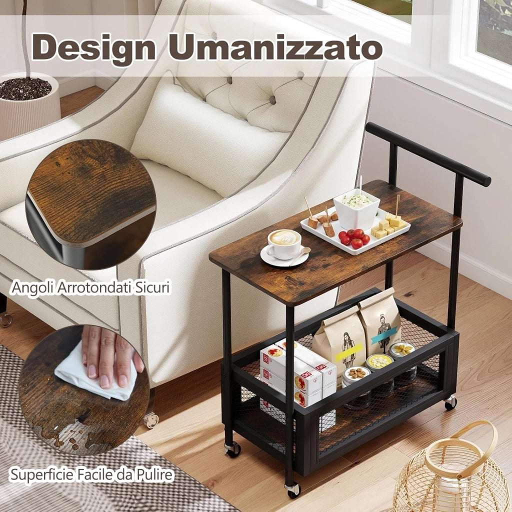 Tavolino da Divano e Letto con Ruote Bloccabili e Maniglia, Tavolino Laterale a 2 Ripiani con Mensola Aperta e Cestello in Rete, Carrello Porta Snack per Salotto e Camera da Letto