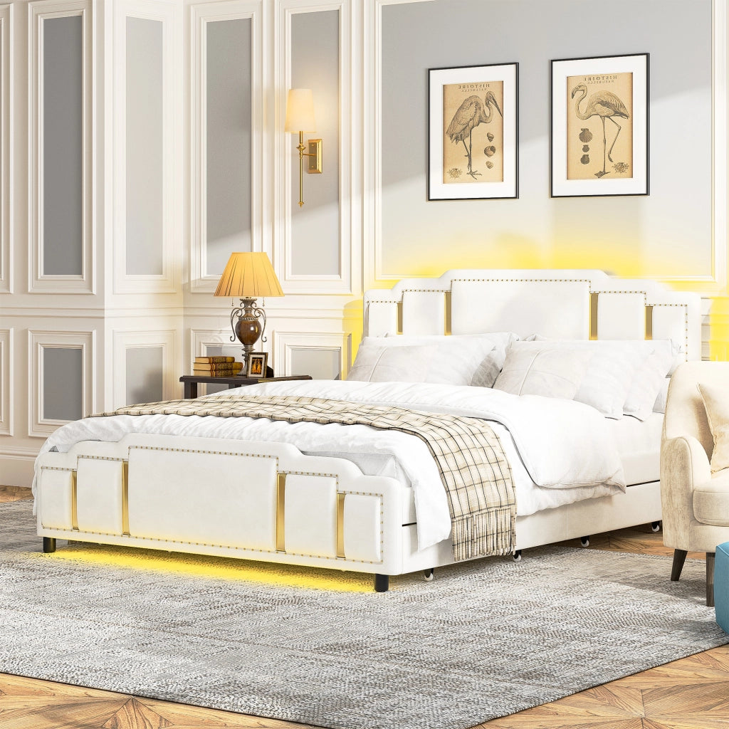 Letto matrimoniale imbottito in velluto beige 140x200 con cassetti e finiture dorate