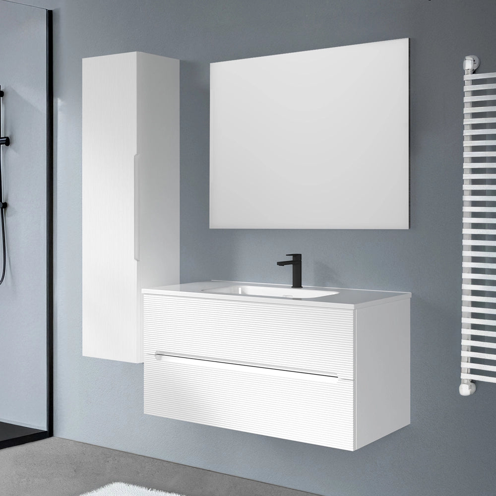 Colonna bagno sospesa H 138 cm bianco opaco cannettato con ripiani Rigo
