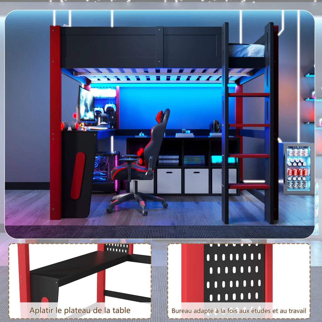 Letto a soppalco per bambini 140x200 cm, letto rialzato con scrivania integrata, pannello forato, illuminazione LED, pino, nero
