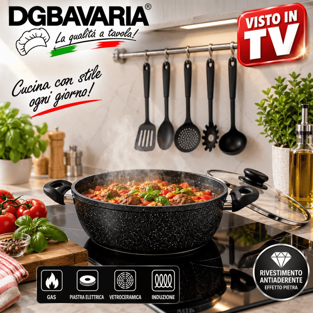 Set Batteria 12 Pz Nera Con 3 Tegami 20/24/28 con coperchi + Bistecchiera 24cm e 5 mestoli