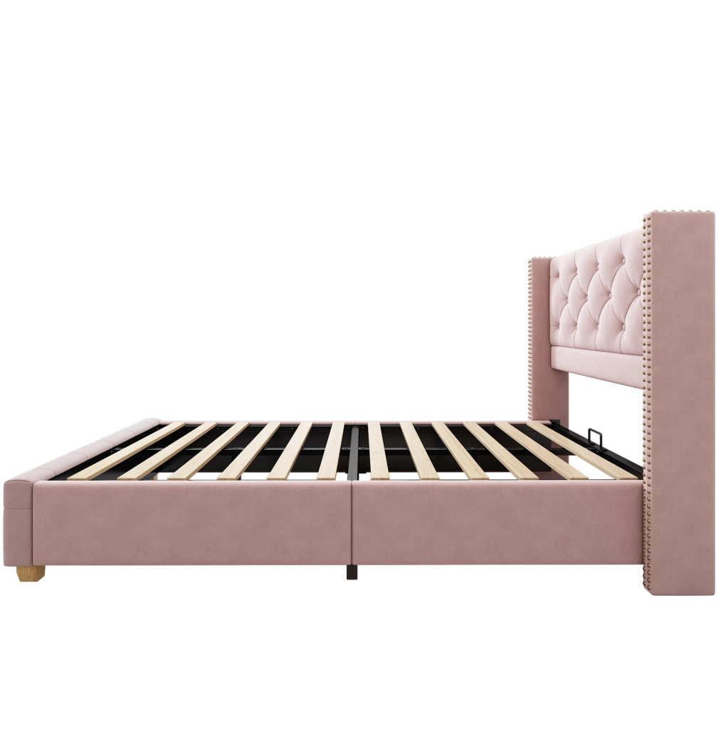 Letto imbottito 90x200 cm in velluto rosa con testiera capitonné e rete a doghe